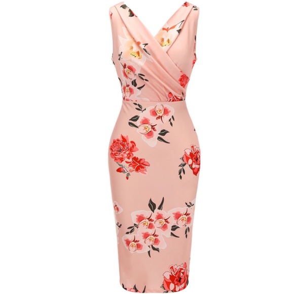Peach Floral Wiggle Dress - Picture 4 of 7